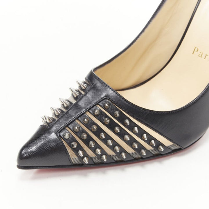 CHRISTIAN LOUBOUTIN Bereta 100 black spike stud mesh pointy pigalle EU38.5