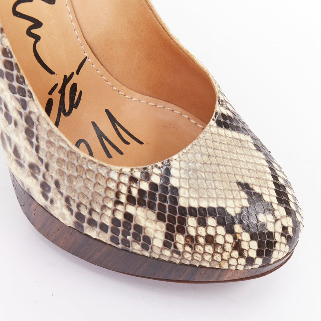 LANVIN 2011 beige scaled leather brown wood platform pumps EU36.5