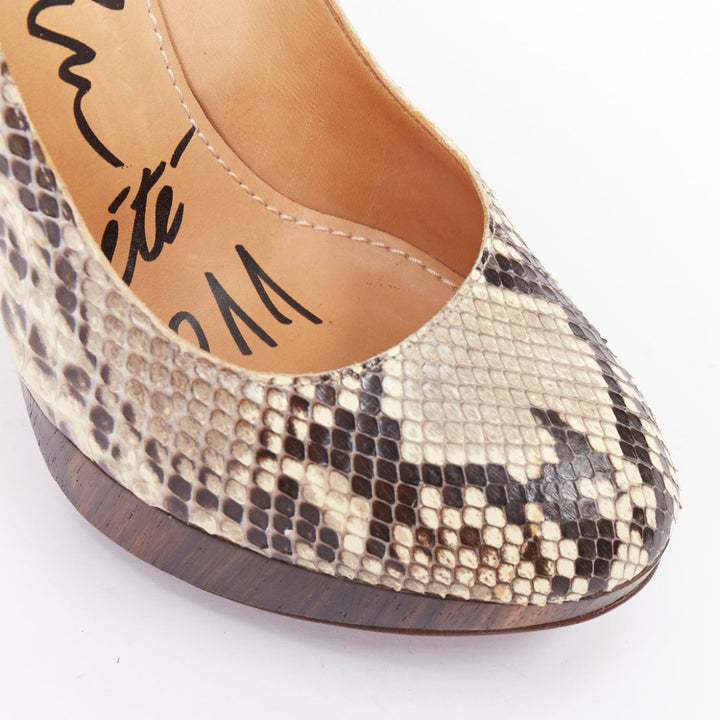 LANVIN 2011 beige scaled leather brown wood platform pumps EU36.5