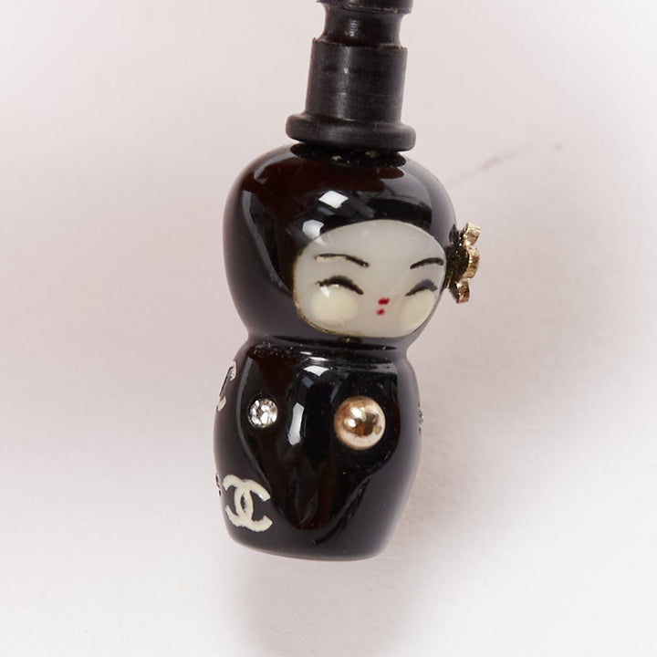 CHANEL silver crystal CC black china doll earphone jack charm x2