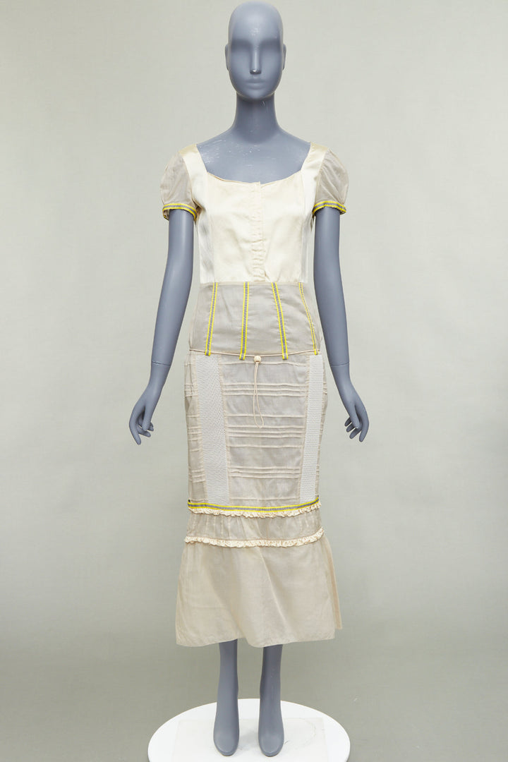 rare MIU MIU 1999 Runway beige technical patchwork satin neon trim dress IT44 L