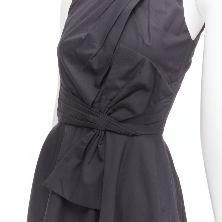 PRABAL GURUNG black cotton bow detail high waist fit flared dress US0 XS