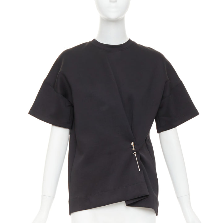 BALENCIAGA 2015 Runway black neoprene pearl pin asymmetric draped boxy top S