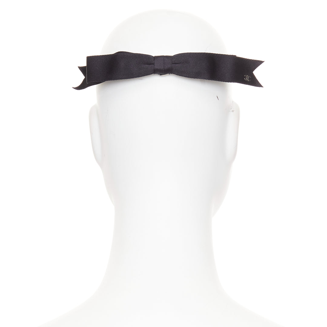 CHANEL 2021 Metiers d'Art black grosgrain silver ribbon bow hair clip barette