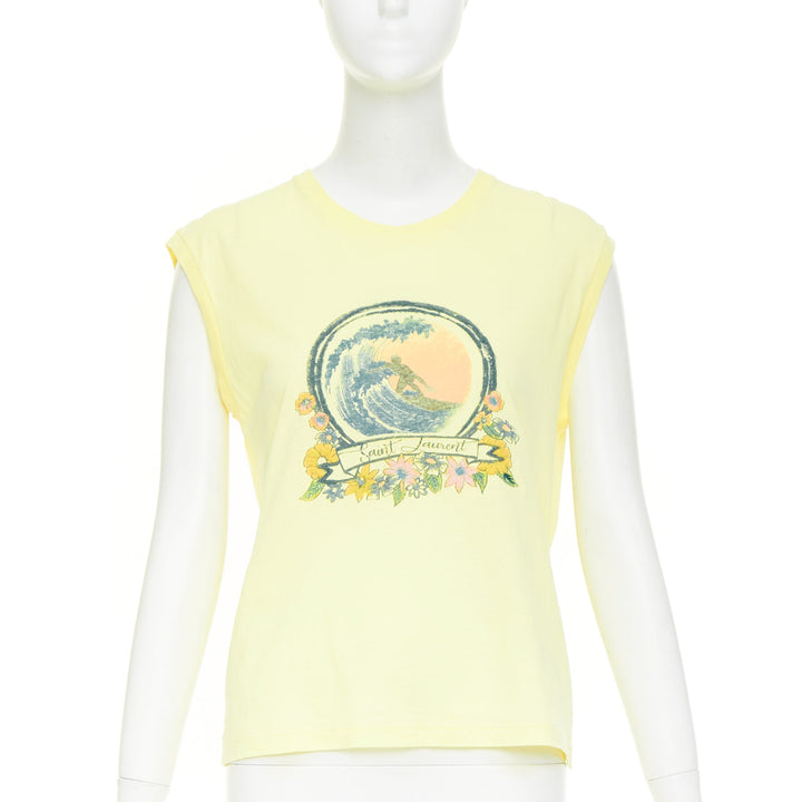SAINT LAURENT 2020 Surfer Graphic  light yellow multi print muscle tank top XS