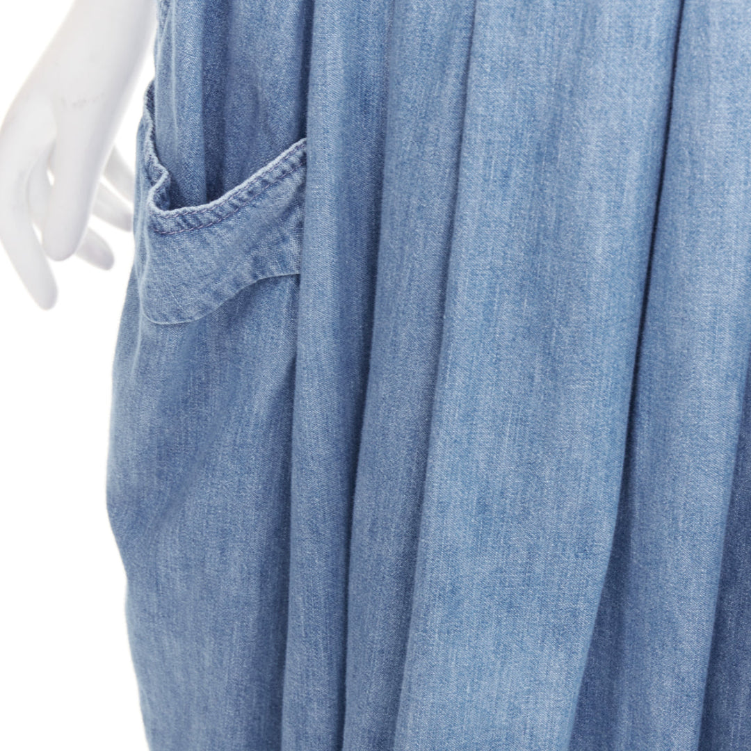 CELINE light blue cotton washed denim gold triomphe logo button midi skirt 27"