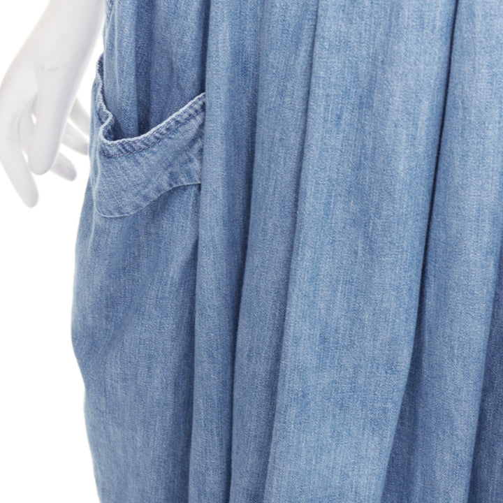 CELINE light blue cotton washed denim gold triomphe logo button midi skirt 27"