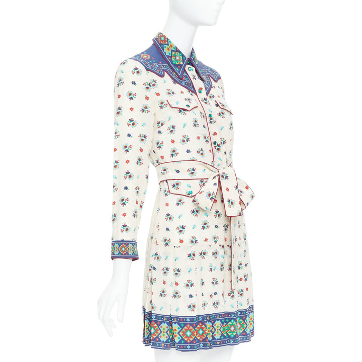 GUCCI 2016 navy cream 100% silk western print belted dress IT38 XS