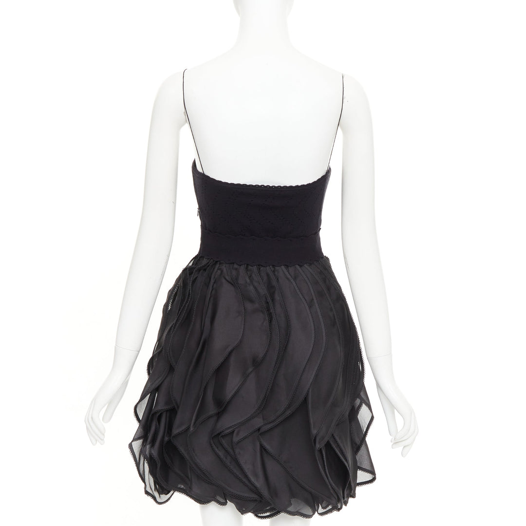 ADAM JONES Vintage black pointelle knit bow cascade ruffle babydoll dress IT38