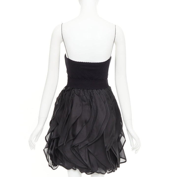 ADAM JONES Vintage black pointelle knit bow cascade ruffle babydoll dress IT38