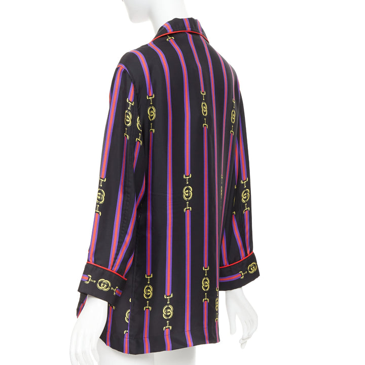 rare GUCCI GARDEN 100% silk black purple GG stripe pajama blouse shirt XXS