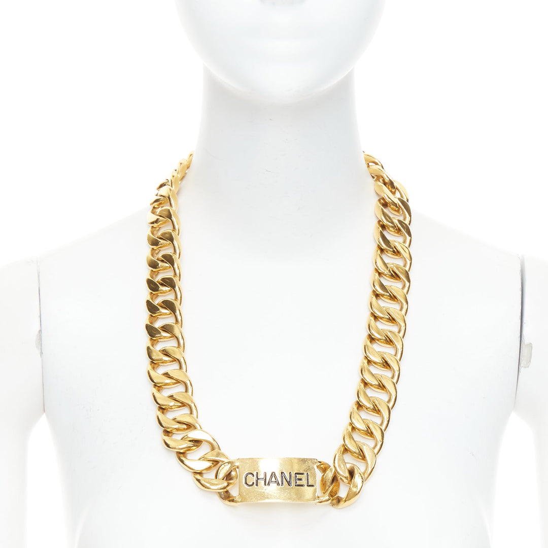 CHANEL 1990's Vintage iconic gold plated logo ID chunky chain necklace belt