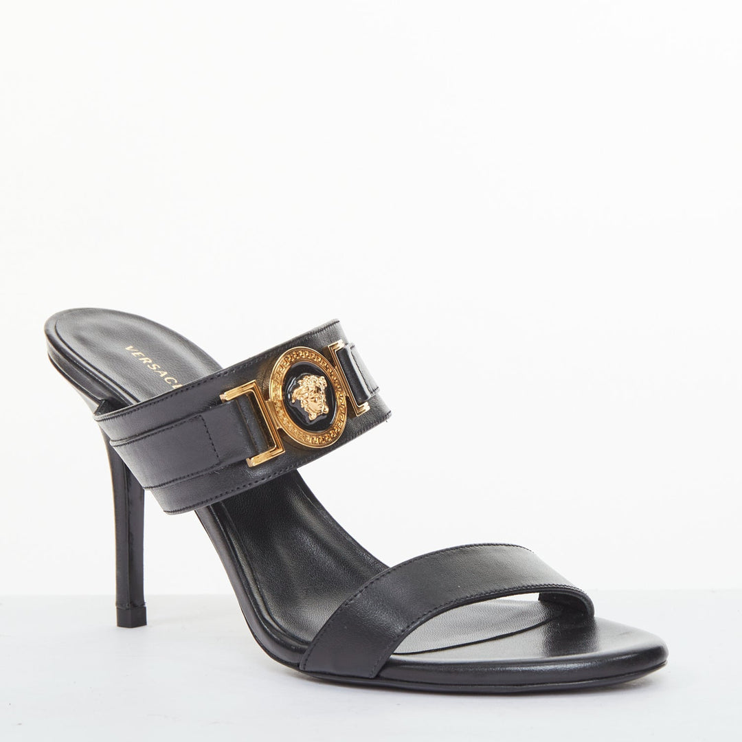 VERSACE Medusa Tribute gold buckle black leather high heel sandal EU38