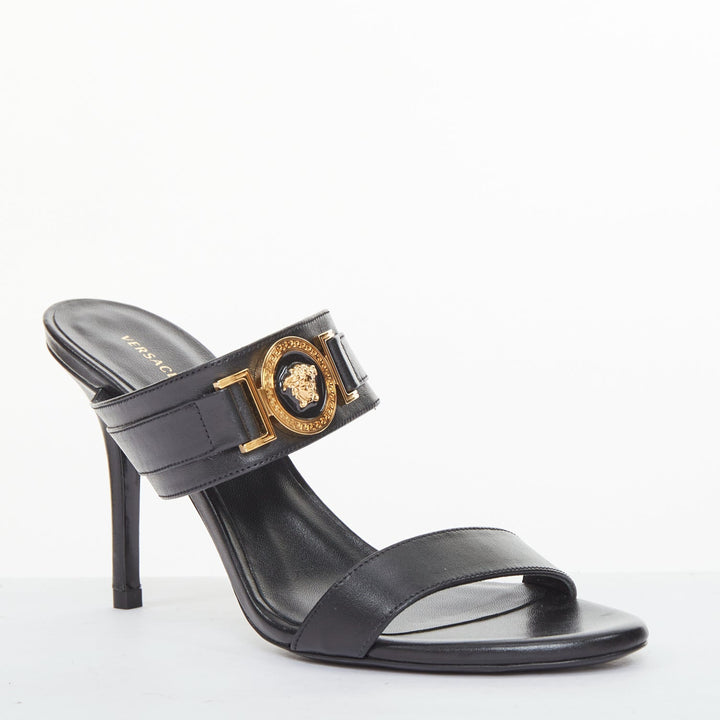 VERSACE Medusa Tribute gold buckle black leather high heel sandal EU38