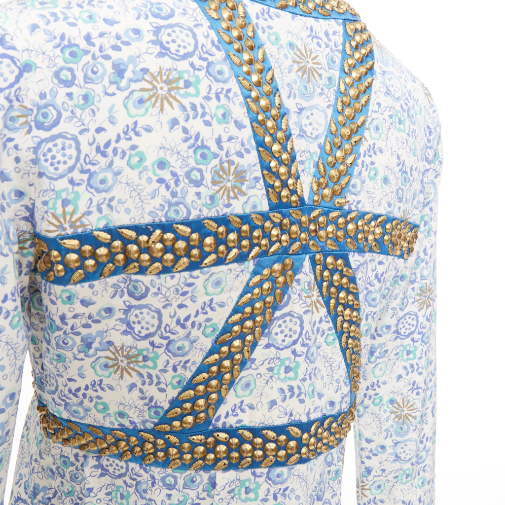 CHLOE Vintage blue cream gold studded floral harness detail open neck mini dress