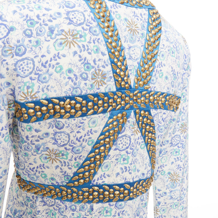 CHLOE Vintage blue cream gold studded floral harness detail open neck mini dress