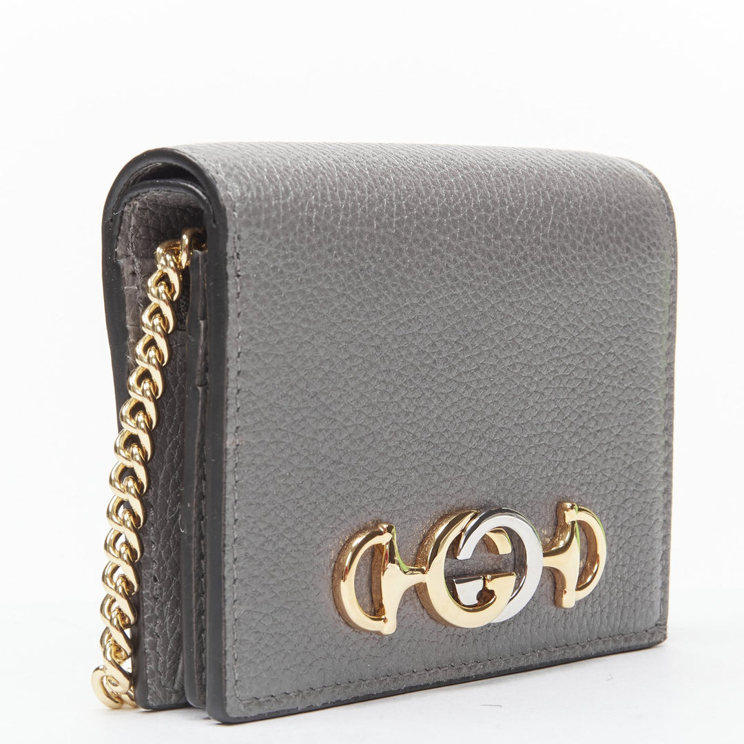 GUCCI 570660 Zumi grey leather GG Horsebit bi-fold wallet on chain mini bag