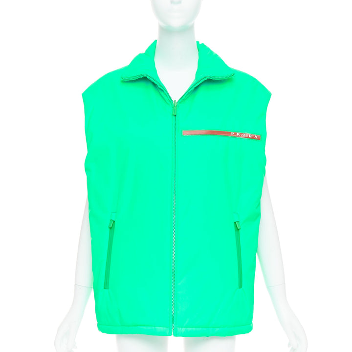 PRADA 2018 Linea Rossa Primaloft neon green nylon red logo puffer vest S