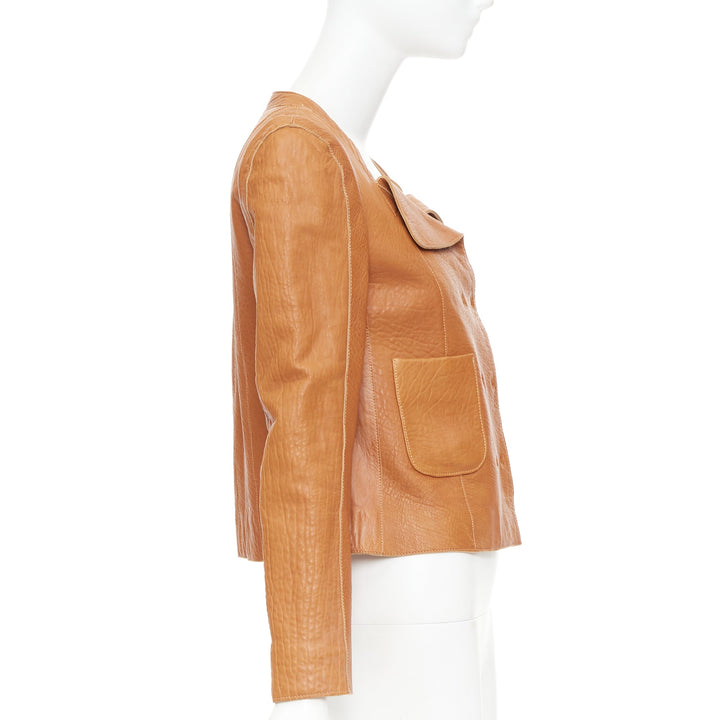 CARVEN 2011 tan brown pebble textured leather square neck crop jacket FR38 M