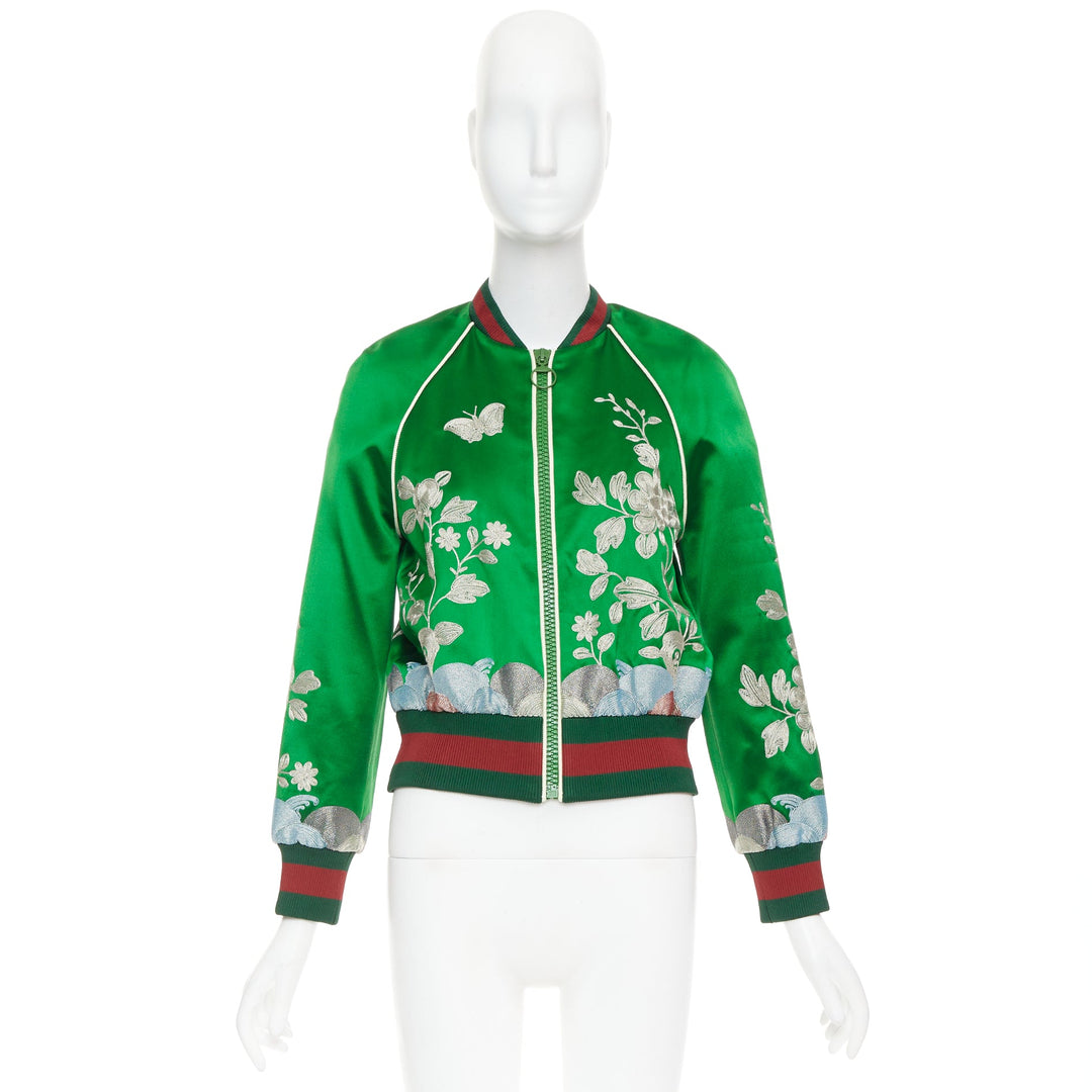 GUCCI 2016 Runway green duchess silk gold embroidery chinoiserie bomber IT40 S