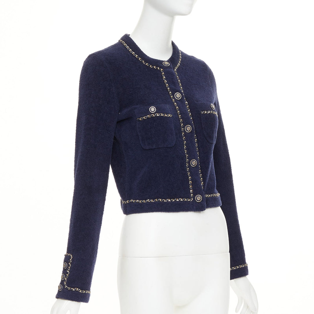 CHANEL 2020 navy cotton terry leather chain trim crop cardigan jacket FR34 XXS