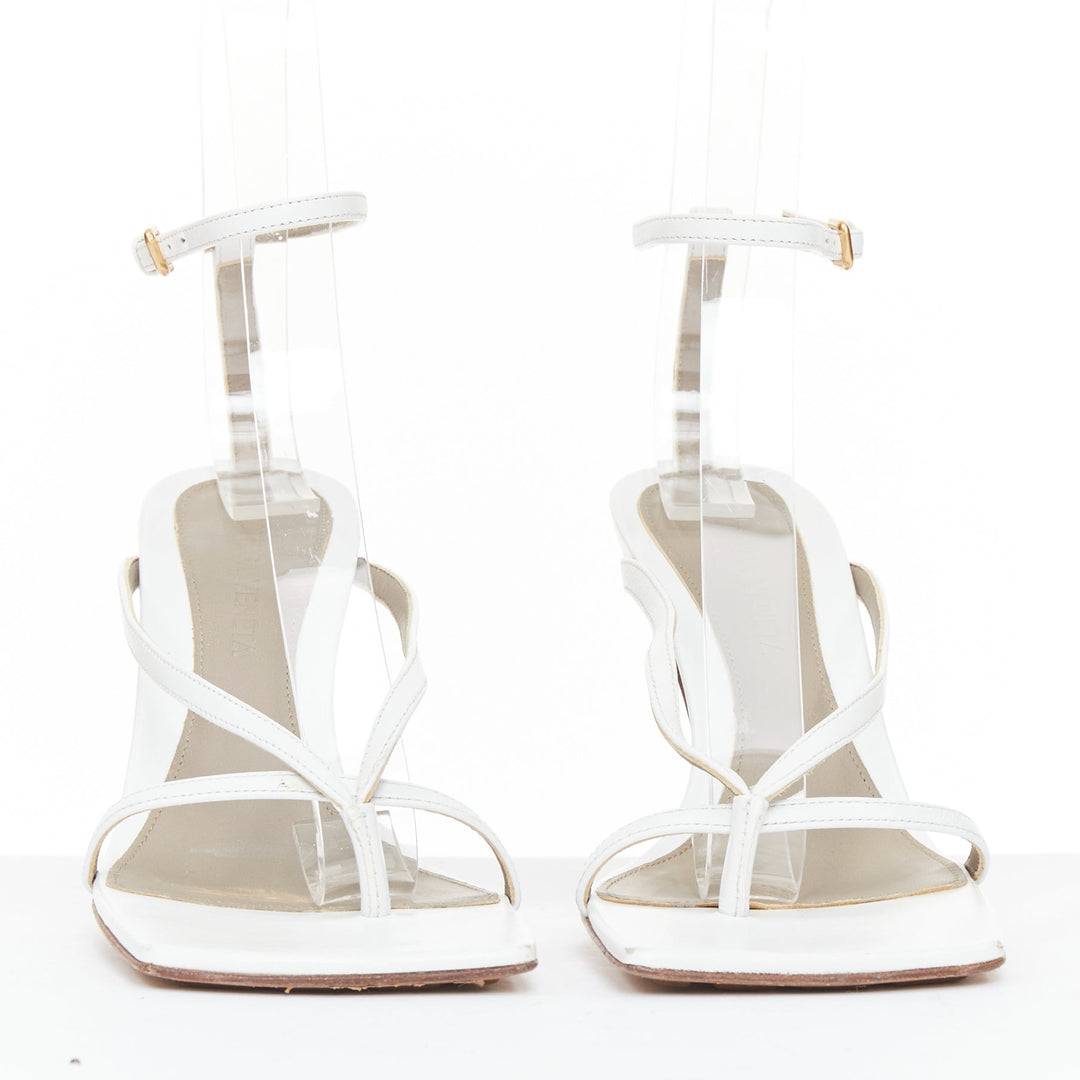BOTTEGA VENETA Stretch white leather thong ankle strap square toe sandals EU35.5