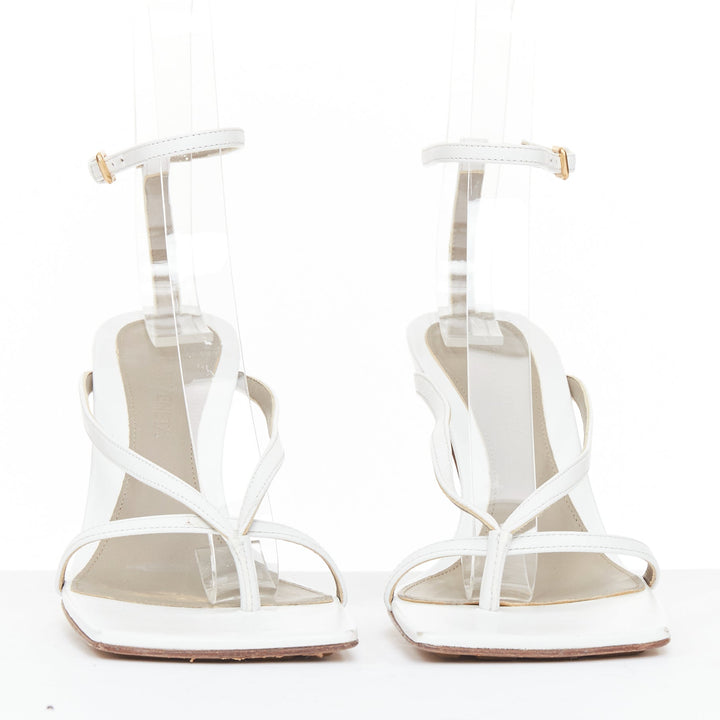 BOTTEGA VENETA Stretch white leather thong ankle strap square toe sandals EU35.5