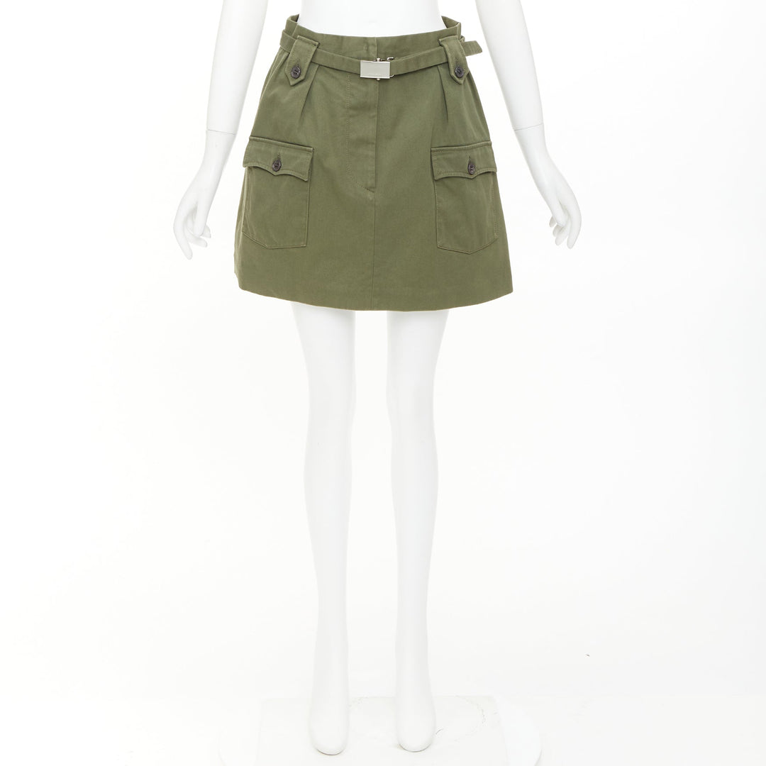 MIU MIU 2019 green cotton gabardine silver logo buckle utility skirt IT38 XS