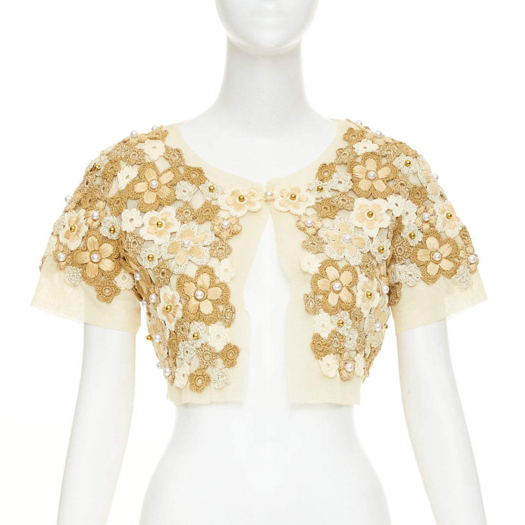 MOSCHINO Cheap Chic floral crochet faux pearl cropped bolero cardigan IT46 XL