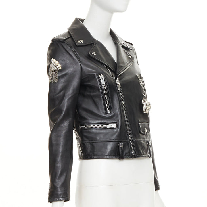 SAINT LAURENT 2017 Pearl Heart embellished black lambskin biker jacket S