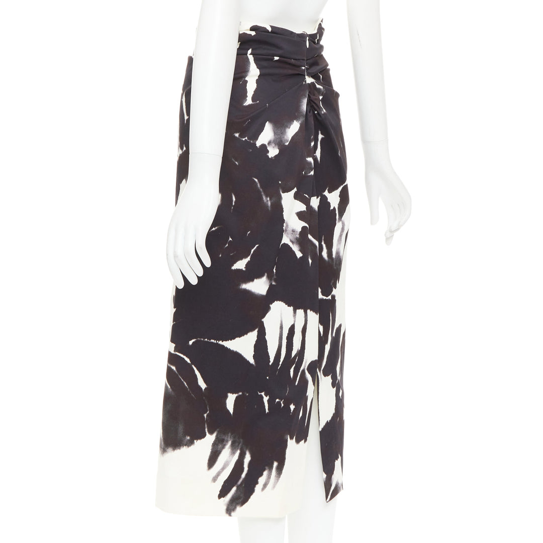 DRIES VAN NOTEN black white cotton watercolor floral print midi skirt FR38 M