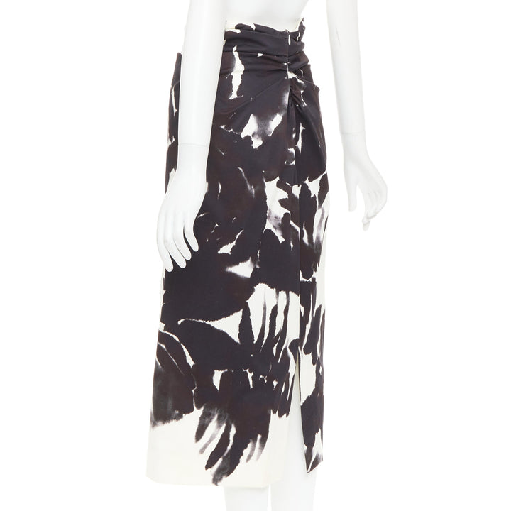DRIES VAN NOTEN black white cotton watercolor floral print midi skirt FR38 M