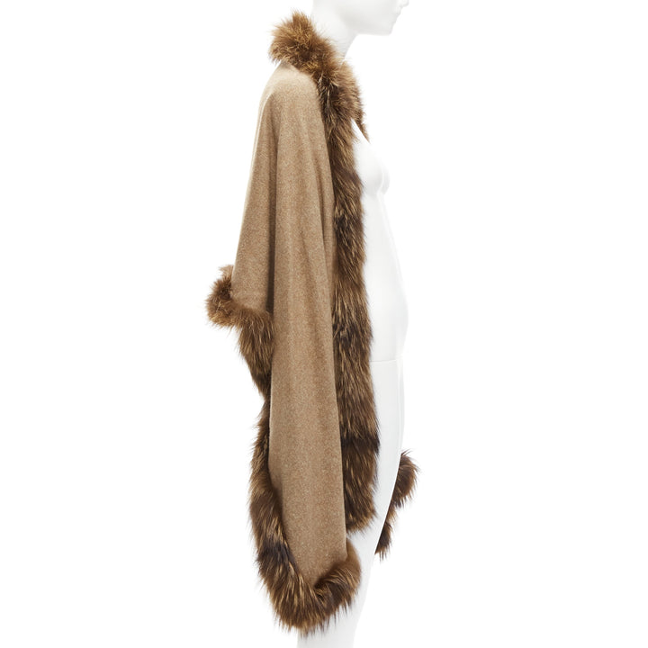 NO BRAND brown real fur trim soft wool rectangular shawl scarf