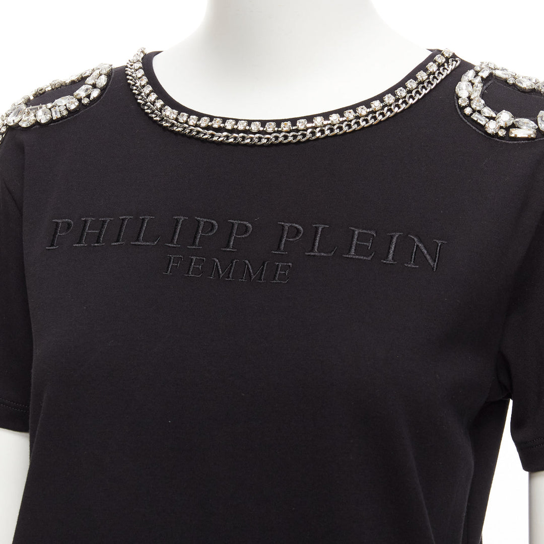 PHILLIP PLEIN black logo embroidery clear crystal fringe embellished tshirt XS