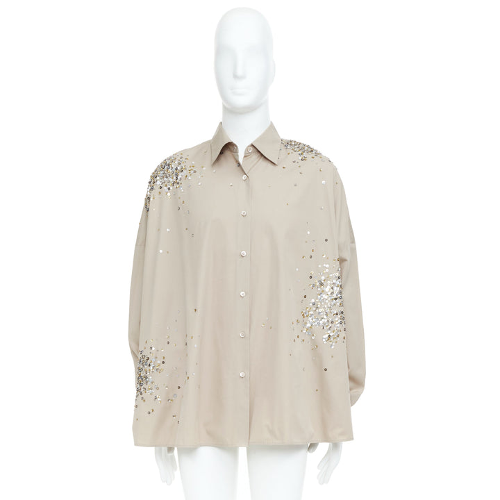 DRIES VAN NOTEN 2024 Casia beige sequin bead embellished cotton shirt M