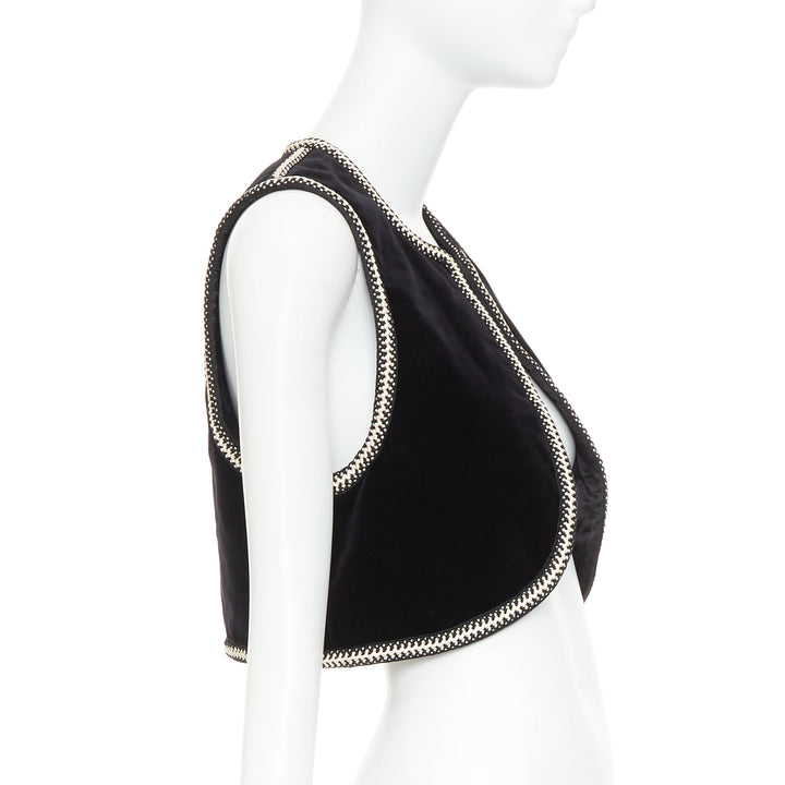 CELINE black cotton velvet gold braided weave trim cropped gilet vest FR38 M