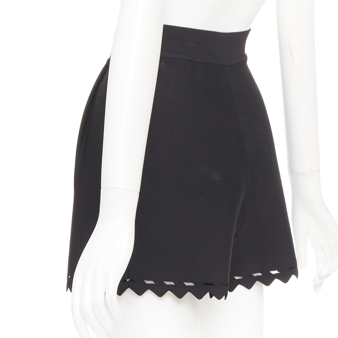 ALAIA black laser cut out high waist scallop edge knit pleated shorts FR36 S