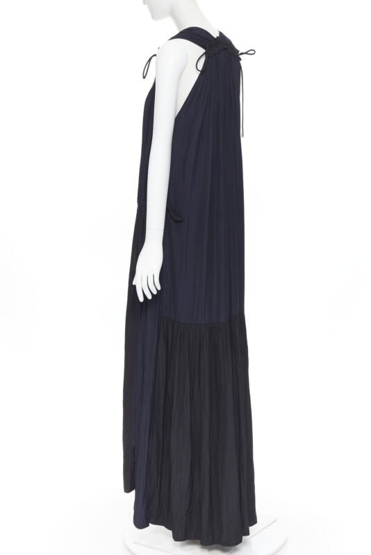 LANVIN ALBER ELBAZ midnight blue black pleated tie detail maxi dress FR34 XS