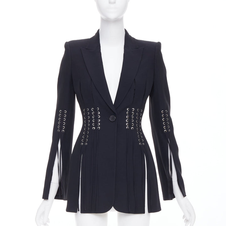 ALEXANDER MCQUEEN 2018 black eyelet lacing detail fitted blazer IT38 XS