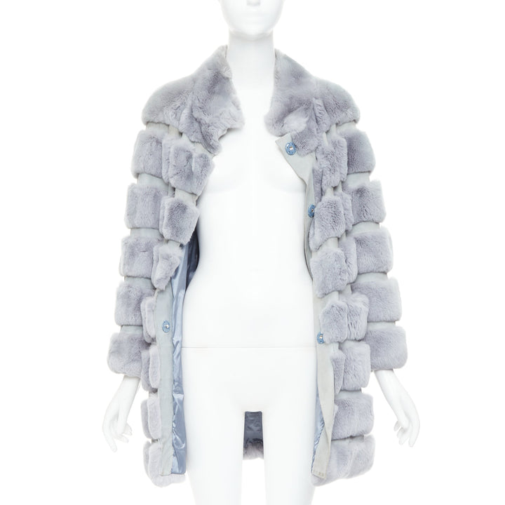 INNIU misty blue fur leather horizontal tiered long coat