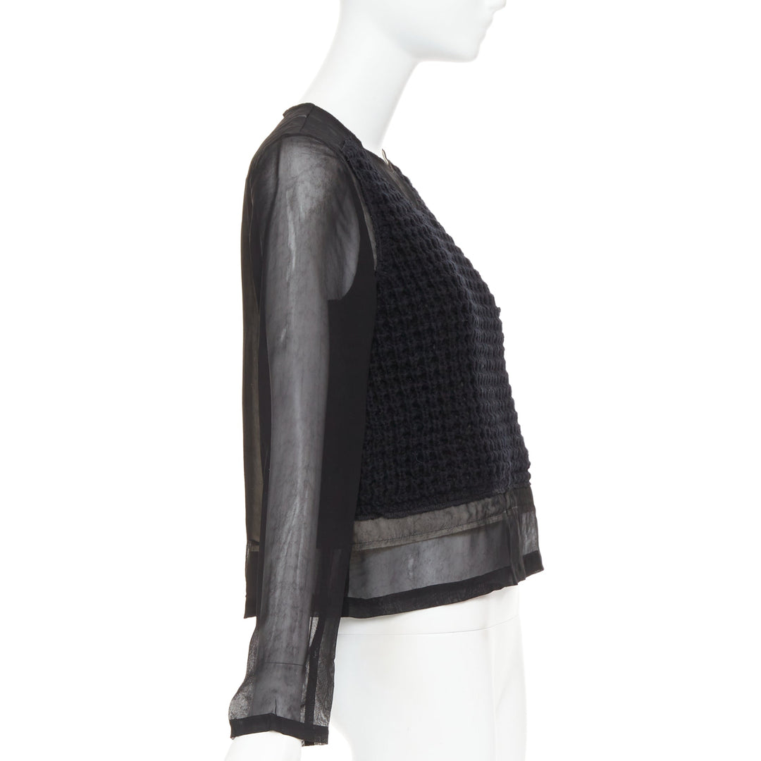 COMME DES GARCONS 2014 black cupra wool trim woven sheer overlay top XS