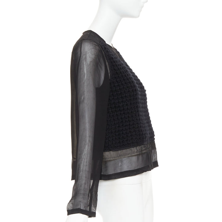 COMME DES GARCONS 2014 black cupra wool trim woven sheer overlay top XS