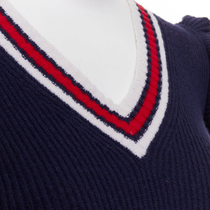 GUCCI 2017 Runway navy red ruffled shoulder cropped V-neck striped sweater XS
