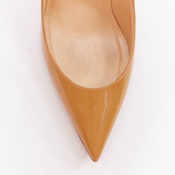 CHRISTIAN LOUBOUTIN So KAte beige tan patent point toe stiletto pumps EU37.5