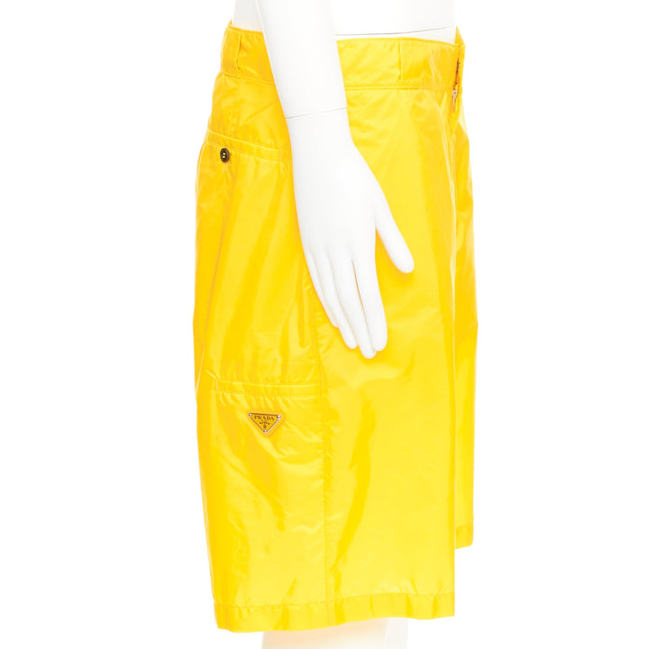 PRADA 2022 Re Nylon Triangle Logo Plaque yellow casual Bermuda shorts IT50 L