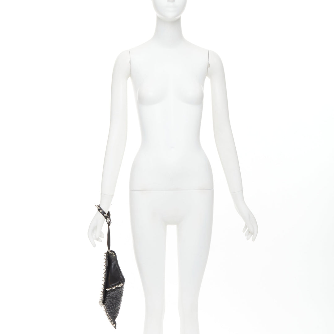 MAISON DU POSH black tonal stud silver spike leather studded envelop clutch bag