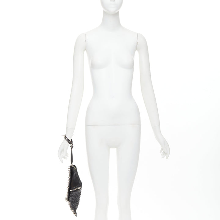 MAISON DU POSH black tonal stud silver spike leather studded envelop clutch bag