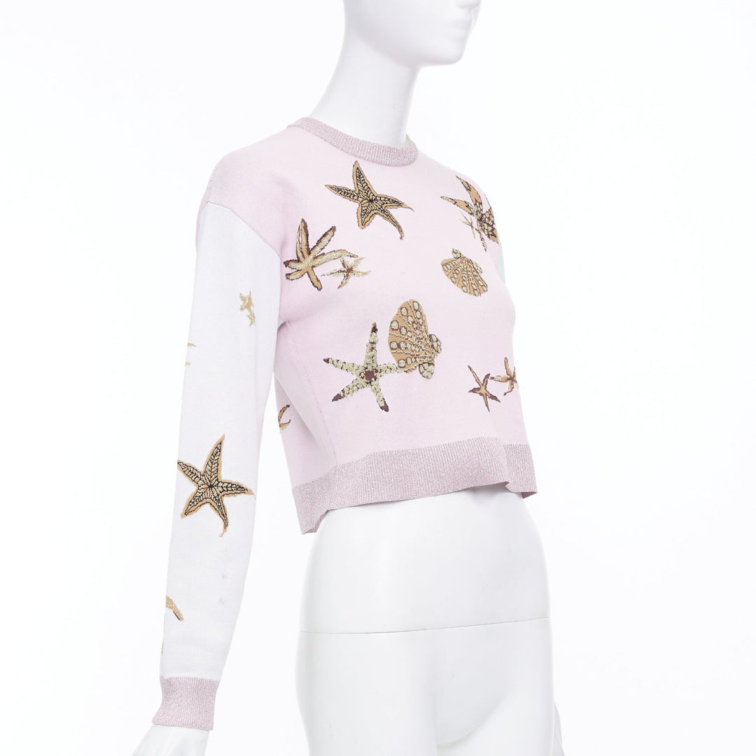 VERSACE 2021 Tresor de la Mer pink crystal starfish lurex crop sweater IT38 XS