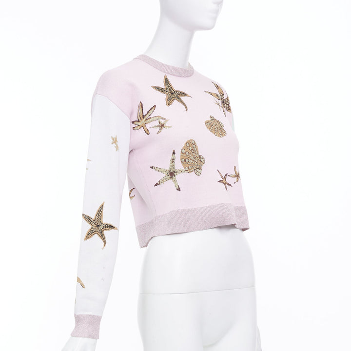 VERSACE 2021 Tresor de la Mer pink crystal starfish lurex crop sweater IT38 XS