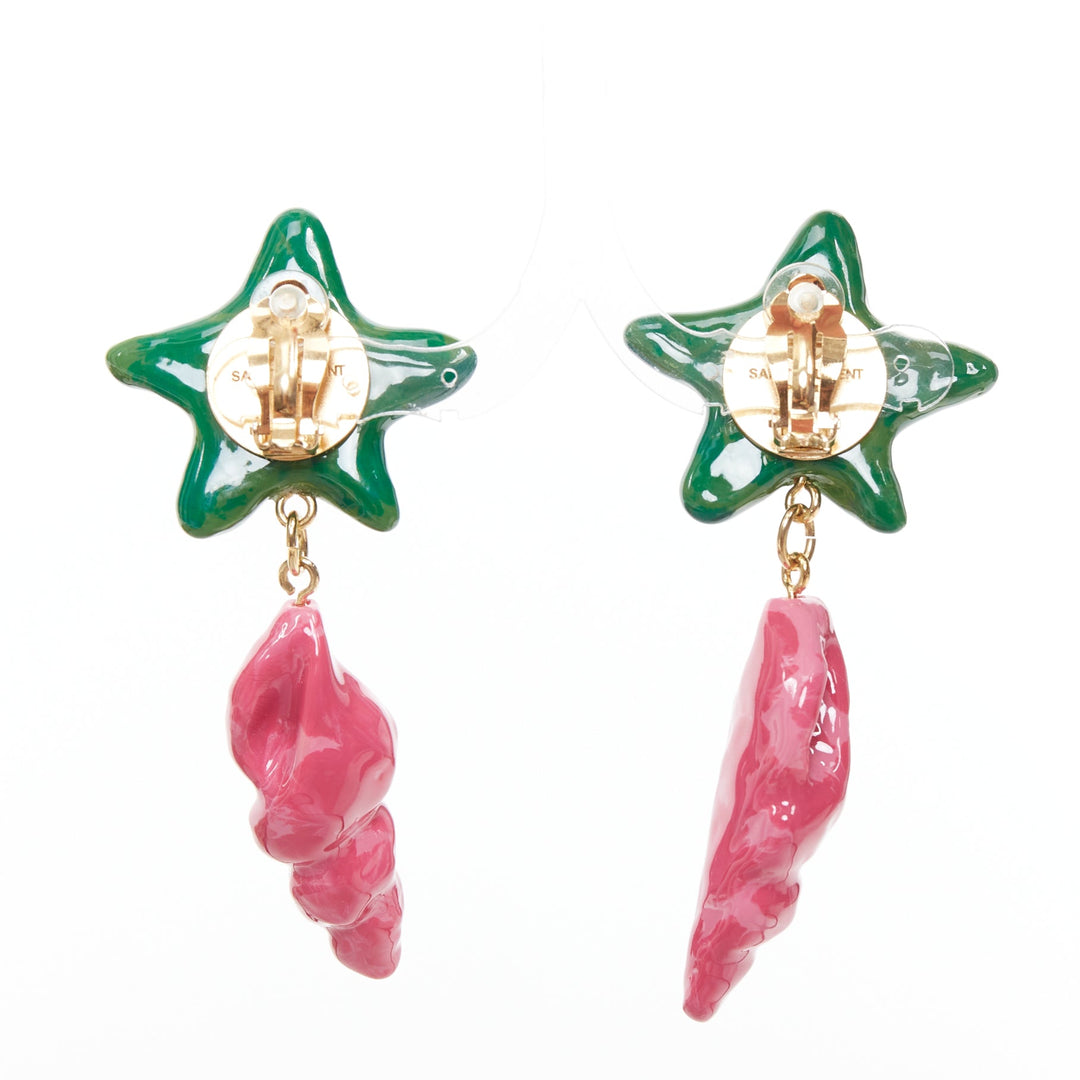 SAINT LAURENT green star pink seashell glazed resin gold brass clip earring Pair
